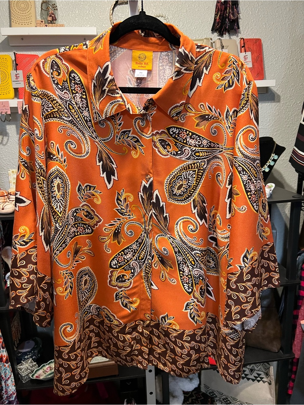 Ruby Rd. Orange Paisley Button-Down Shirt